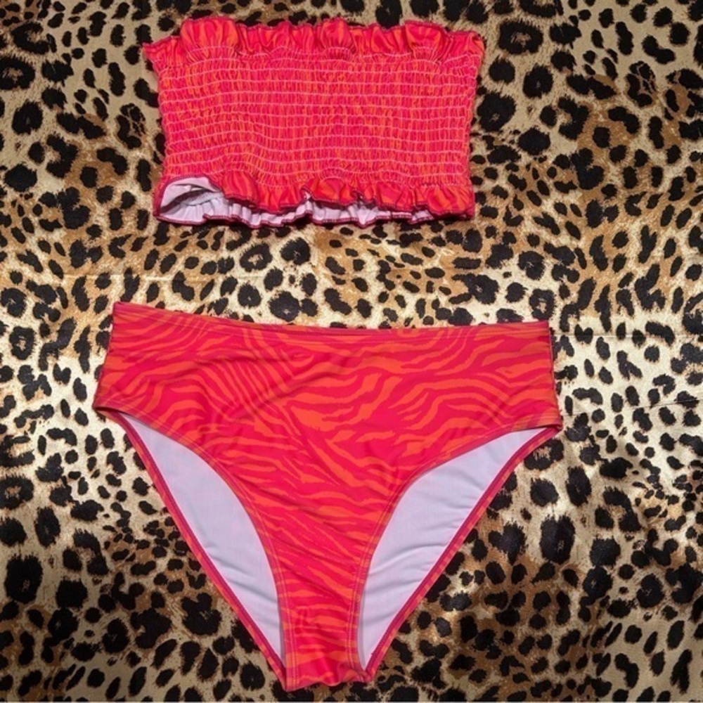 SHEIN Orange & Pink Zebra Print Strapless Bikini with High Waisted Bottoms
